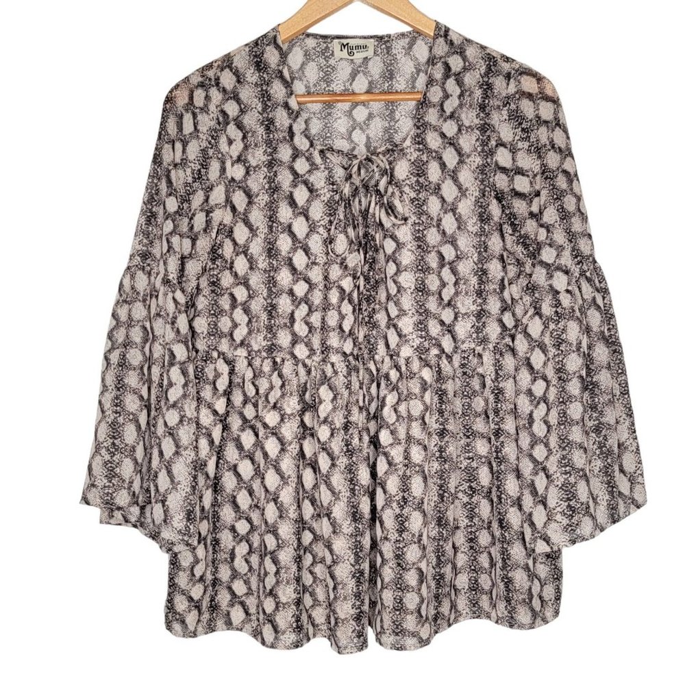 Show Me Your Mumu Medium‎ M Patterned Women's Lace Up Long Bell Sleeve Top